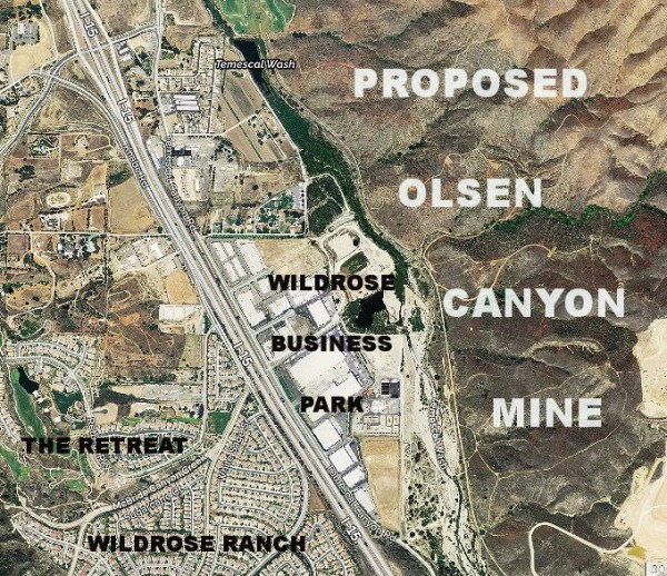 The 422-acre Olsen Canyon Project is on the east side of the I-15 and stretches from the Dos Lagos Golf Course on the north to the El Sobrante Landfill on the south. If approved, mining operations could begin in 2017.