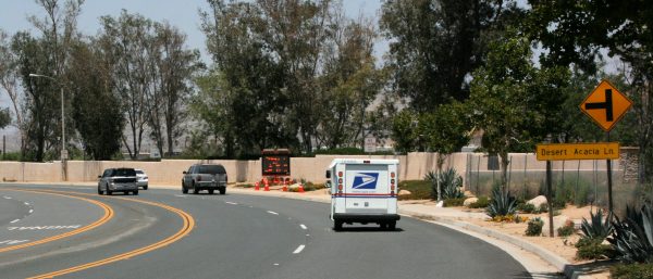 SLOWING DOWN TRAFFIC: County Road Engineer Lawrence Tai had two portable digital radar signs placed on Knabe Road after the Public Safety Committee meeting in May. The signs will be moved to other busy Temescal valley streets in the weeks ahead.